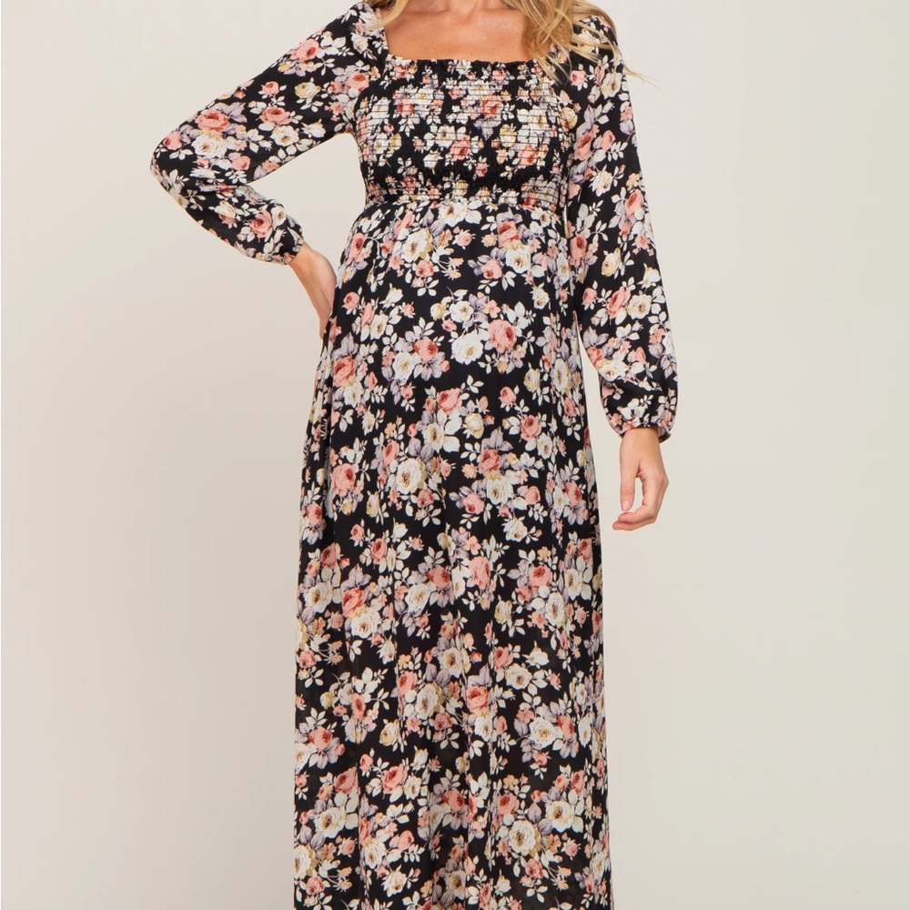 Pinkblush black floral smocked midi dress